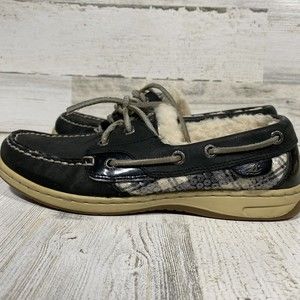 Sperry Top Sider Shoes Women's Sz 6 Black Leather Sheep Wool Lined Plaid Sequins